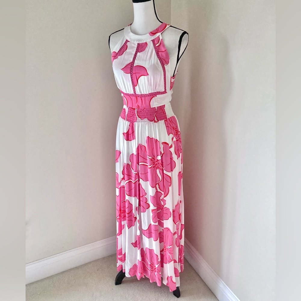Anthropologie Abel The Label ATL Paloma Pink White Floral Open Back Dress Size M - Picture 5 of 10